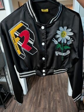Daisy Black Satin Varsity Jacket with Daisy Patch